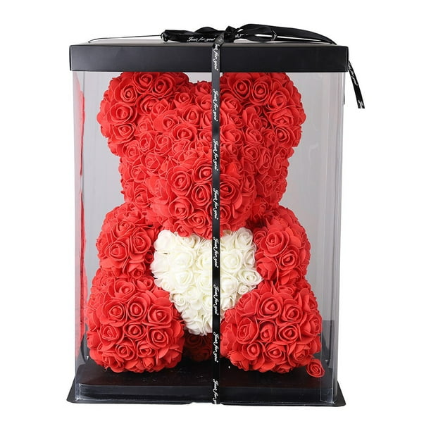 Rose Bear Rose Flower Bear Hand Made Rose Teddy Bear Wedding and Anniversary & Bridal Showers w/Clear Clear Gift Box 10 Inch Gift for Valentines Day Champagne Mothers Day Gifts for Women 
